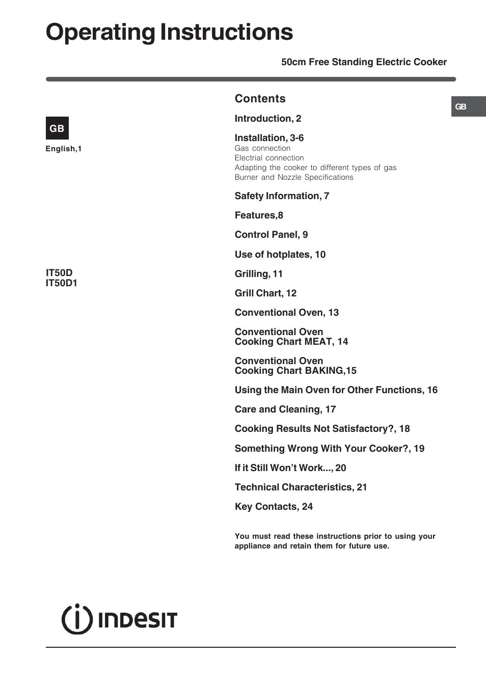 Indesit IT50D1X User Manual | 24 pages