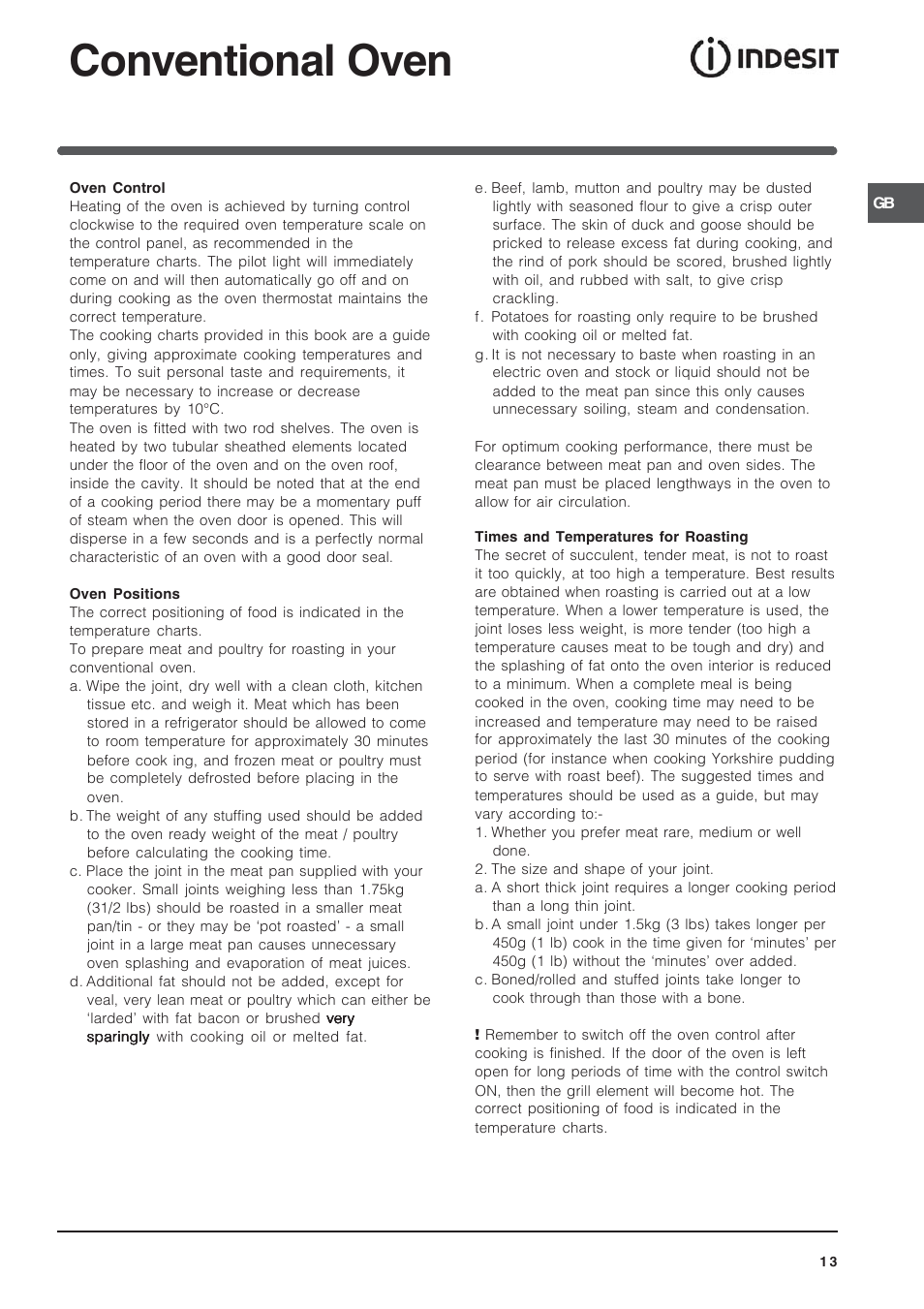 Conventional oven | Indesit IT50D1X User Manual | Page 13 / 24