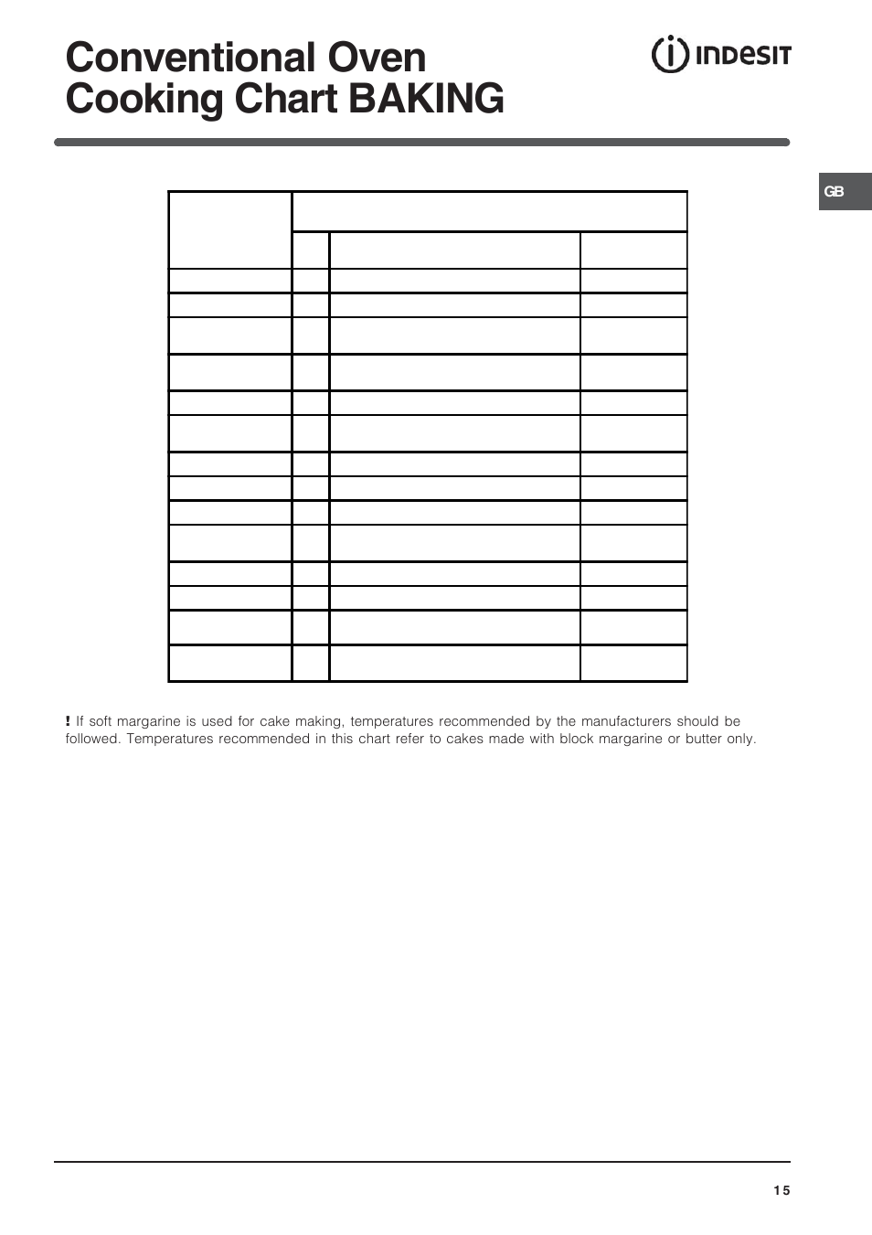 Conventional oven cooking chart baking, Conventional oven cooking | Indesit IT50D1X User Manual | Page 15 / 24