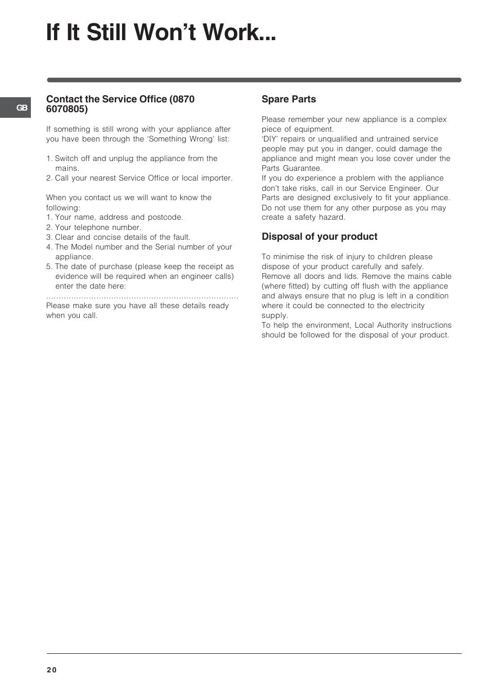 If it still won’t work | Indesit IT50D1X User Manual | Page 20 / 24