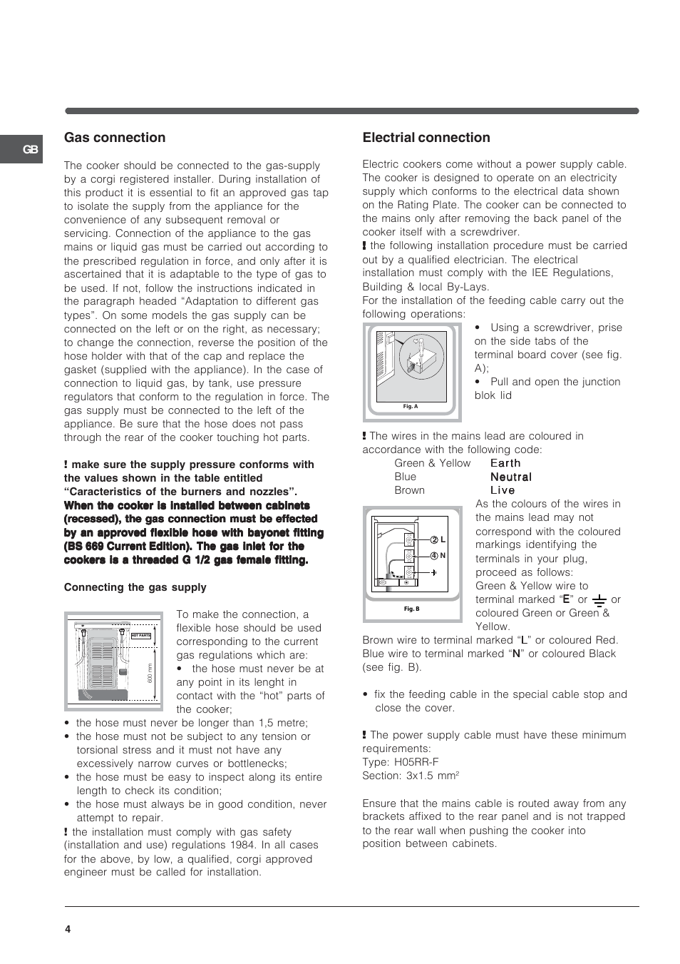 Electrial connection, Gas connection | Indesit IT50D1X User Manual | Page 4 / 24