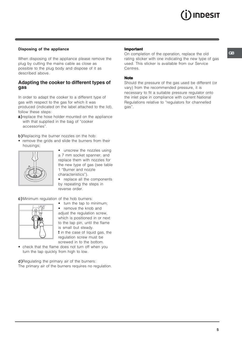 Adapting the cooker to different types of gas | Indesit IT50D1X User Manual | Page 5 / 24