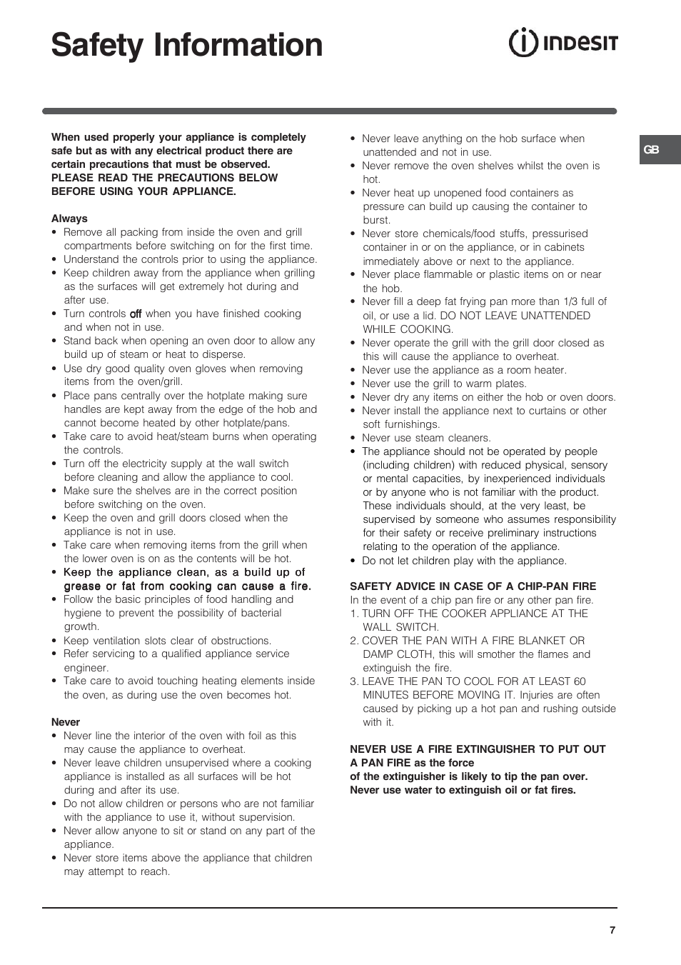 Safety information | Indesit IT50D1X User Manual | Page 7 / 24