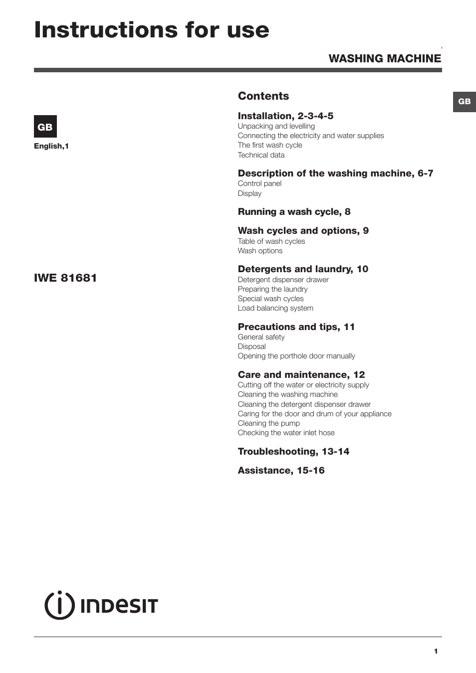 Indesit IWE81681 UK User Manual | 16 pages