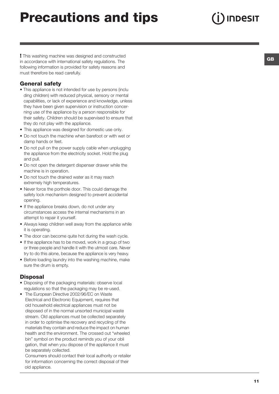 Precautions and tips | Indesit PWE91472S User Manual | Page 11 / 16