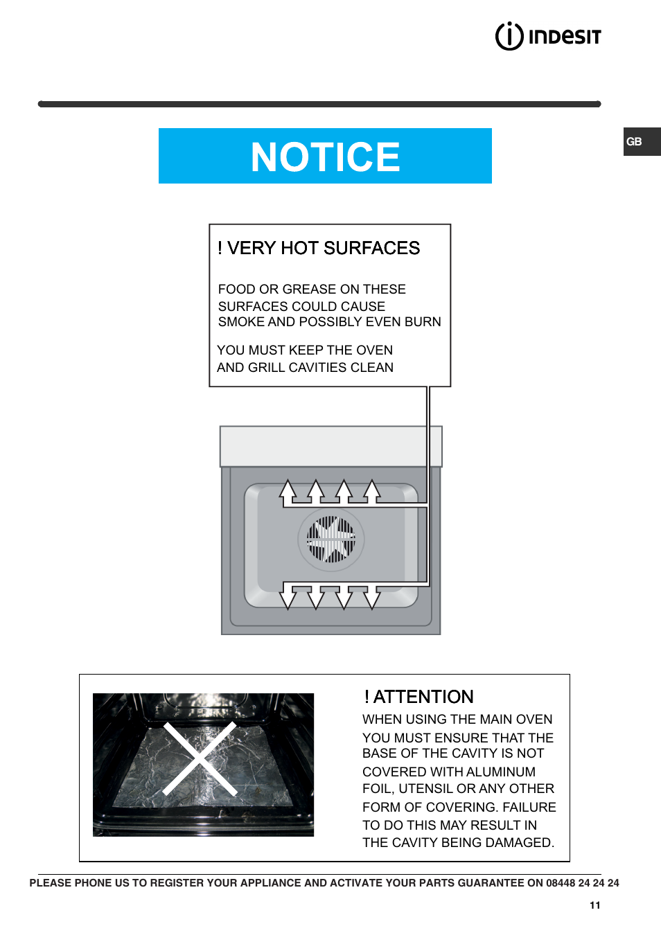 Very hot surfaces, Attention, Attention ! very hot surfaces ! very hot surfaces | Indesit CIMS53KC-AIXGB User Manual | Page 11 / 16