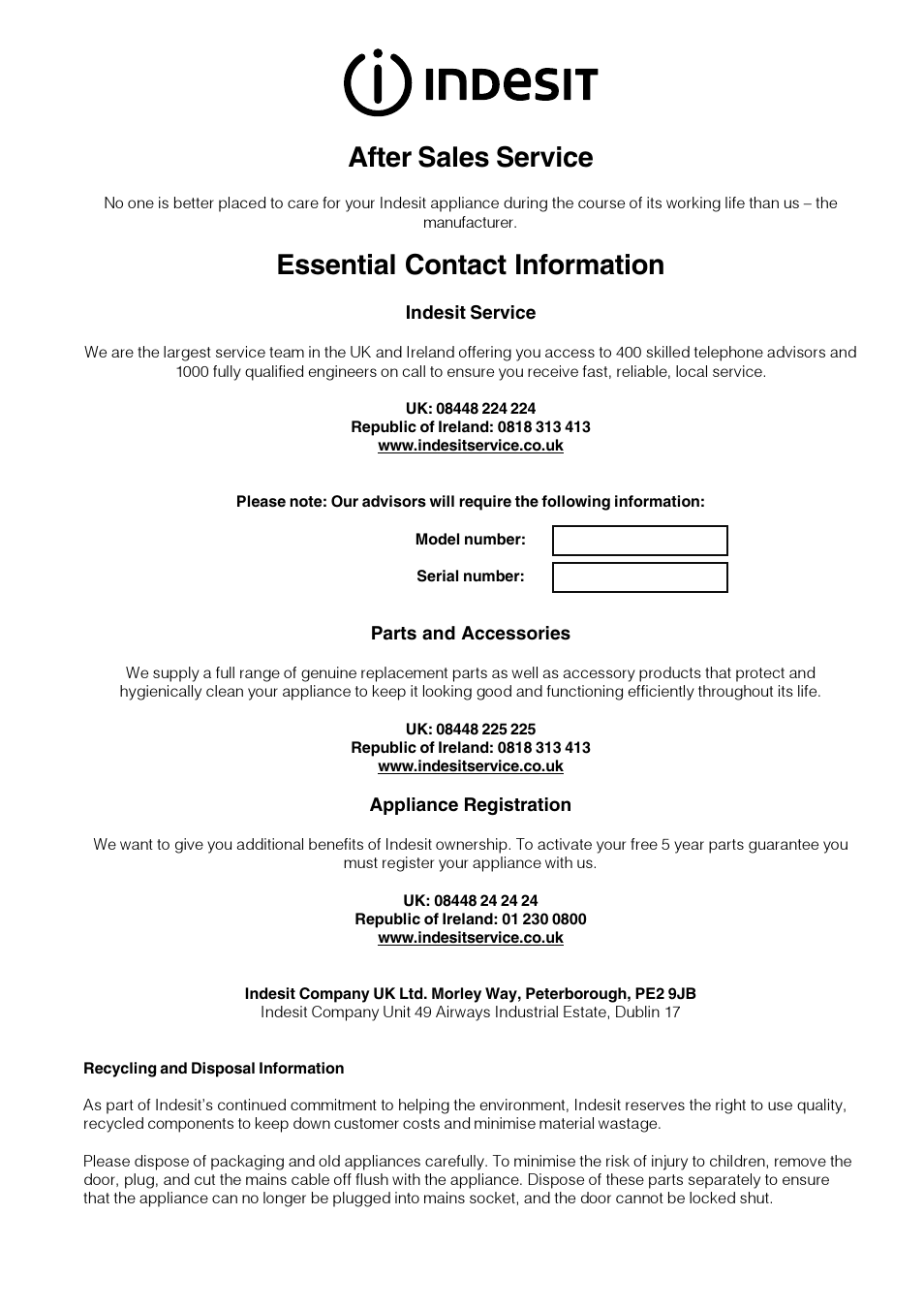 After sales service, Essential contact information | Indesit CIMS53KC-AIXGB User Manual | Page 14 / 16