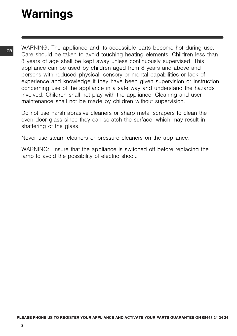 Warnings | Indesit CIMS53KC-AIXGB User Manual | Page 2 / 16
