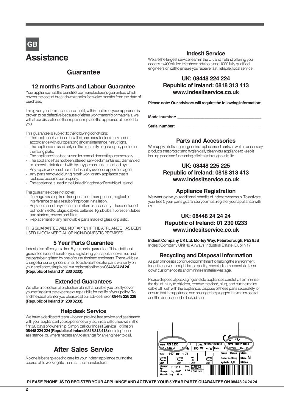 Assistance, Guarantee, After sales service | Indesit service, Parts and accessories, Recycling and disposal information, 12 months parts and labour guarantee, 5 year parts guarantee, Extended guarantees, Helpdesk service | Indesit SIAA10UK User Manual | Page 2 / 8