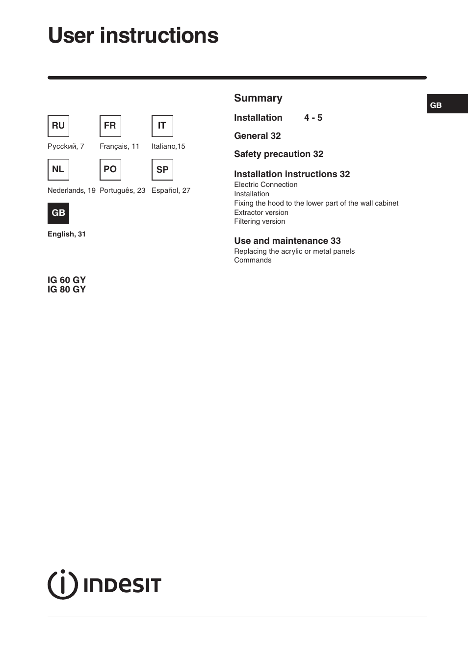 User instructions | Indesit IG60GY User Manual | Page 29 / 34