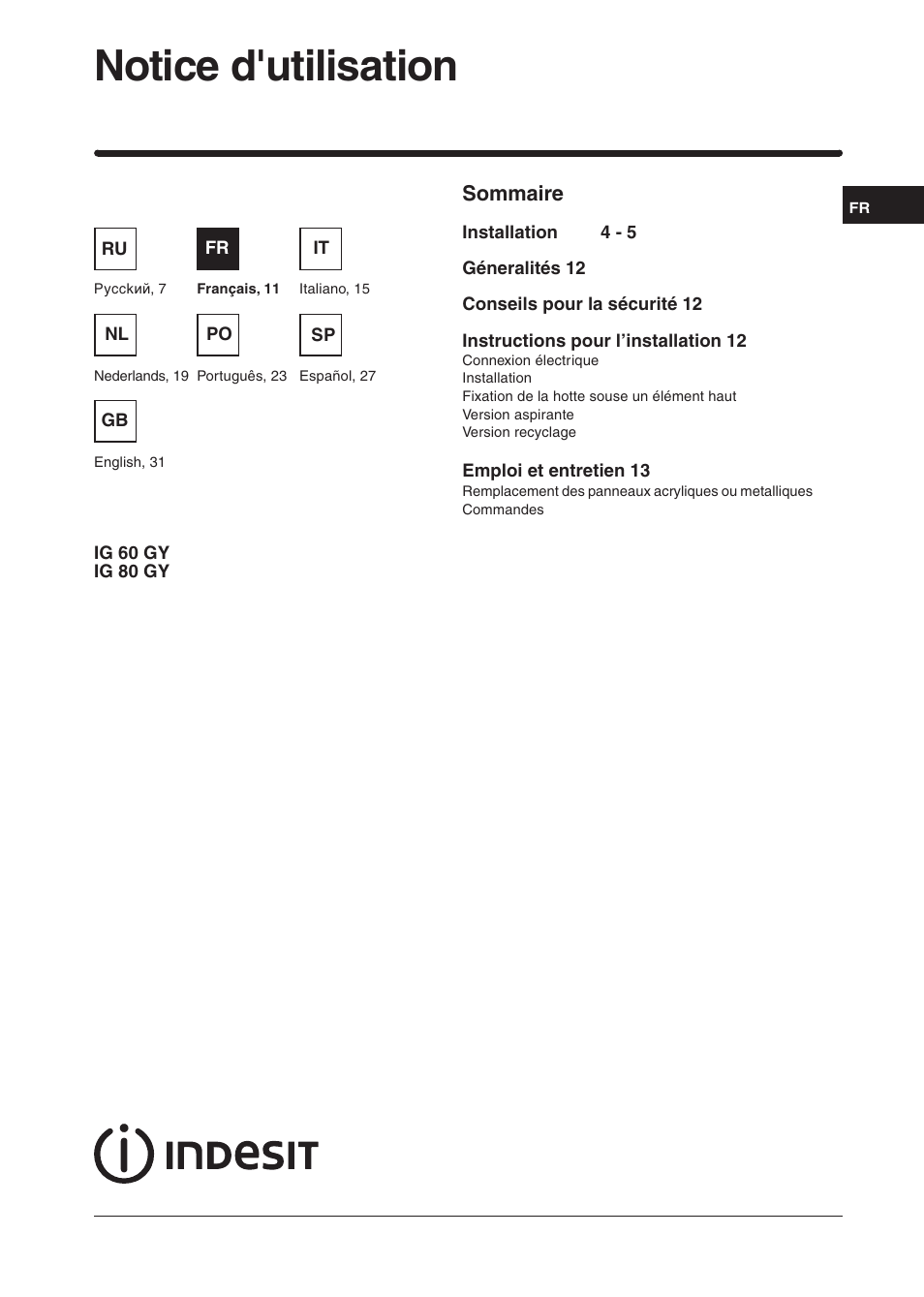 Notice d'utilisation | Indesit IG60GY User Manual | Page 9 / 34
