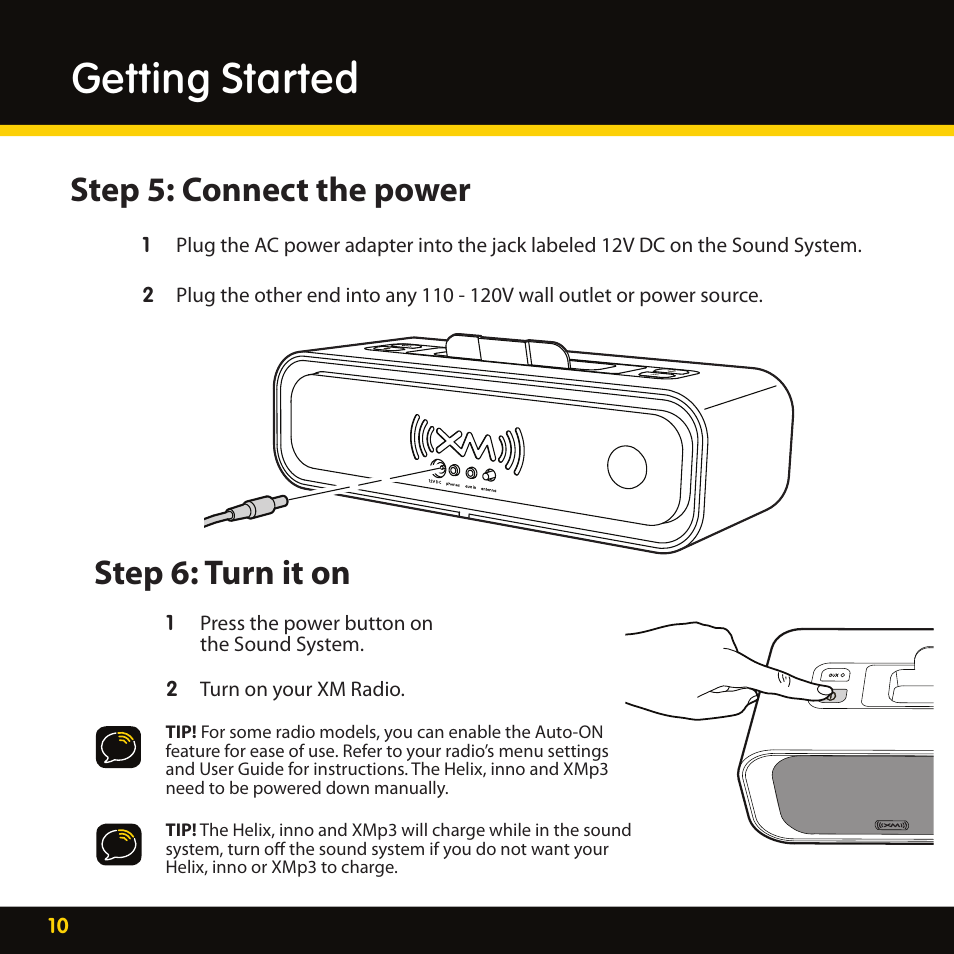 Getting started, Step 5: connect the power, Step 6: turn it on | Audiovox XMAS100-UG002 User Manual | Page 10 / 20