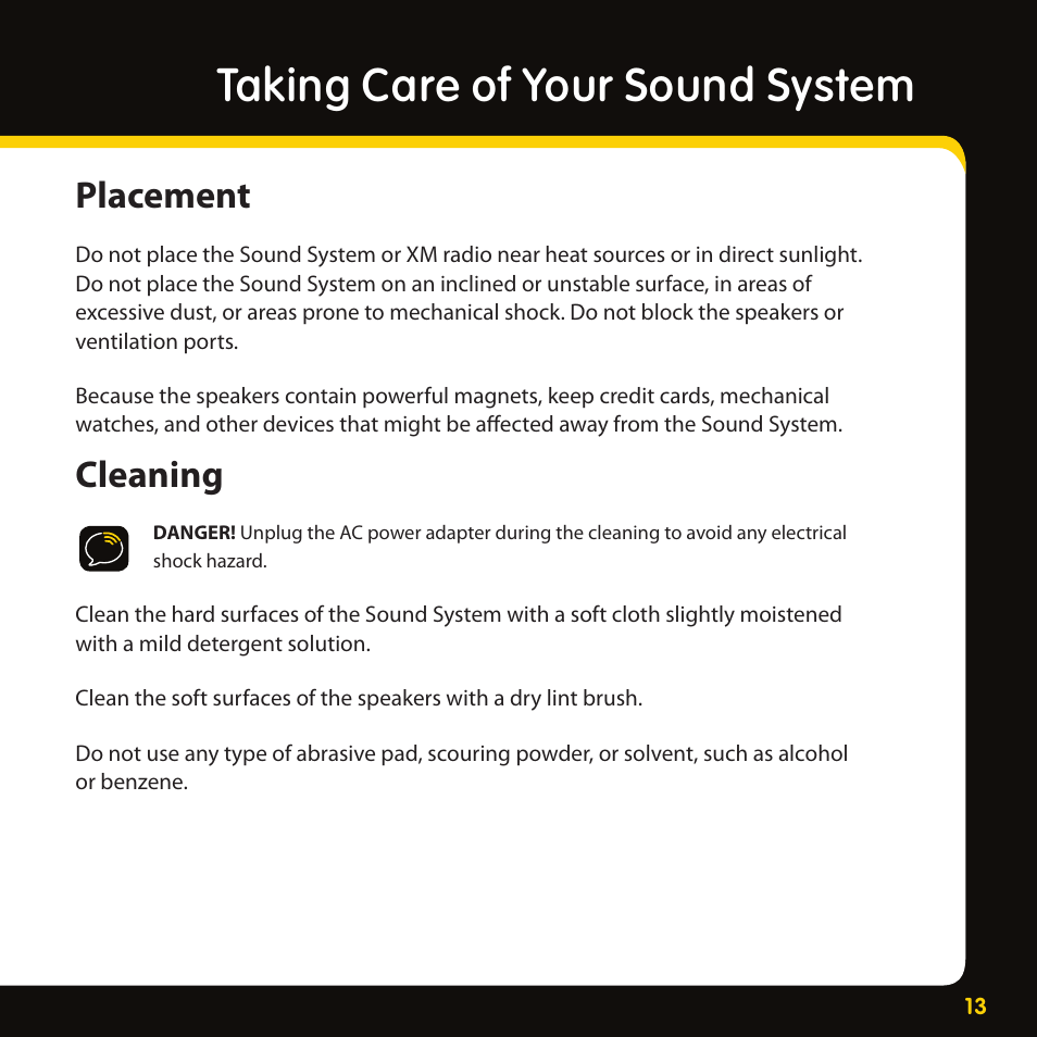 Taking care of your sound system, Placement, Cleaning | Audiovox XMAS100-UG002 User Manual | Page 13 / 20