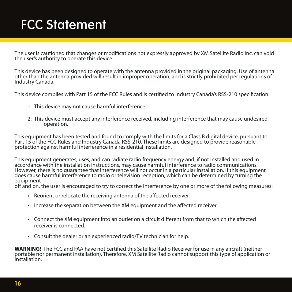 Fcc statement | Audiovox XMAS100-UG002 User Manual | Page 16 / 20