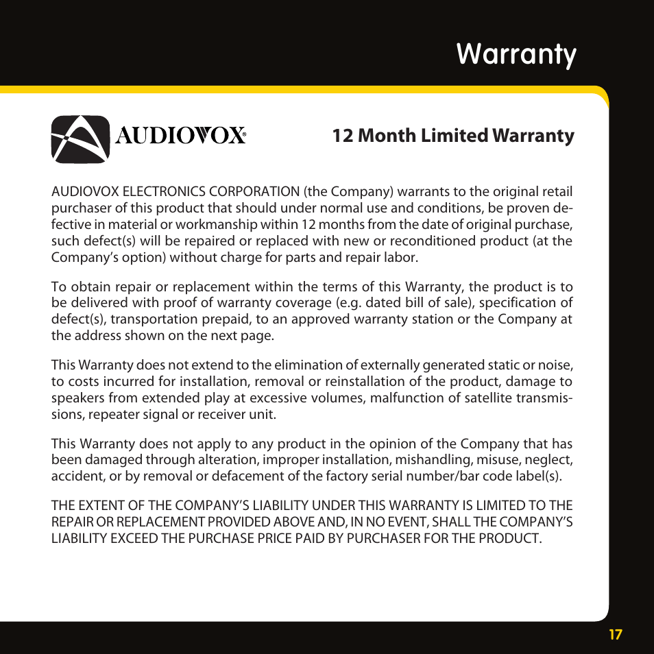 Warranty, 12 month limited warranty | Audiovox XMAS100-UG002 User Manual | Page 17 / 20