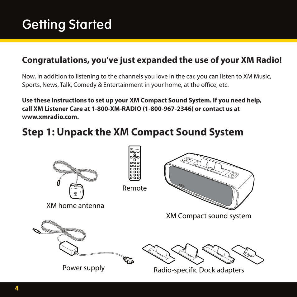 Getting started, Step 1: unpack the xm compact sound system, Remote | Audiovox XMAS100-UG002 User Manual | Page 4 / 20