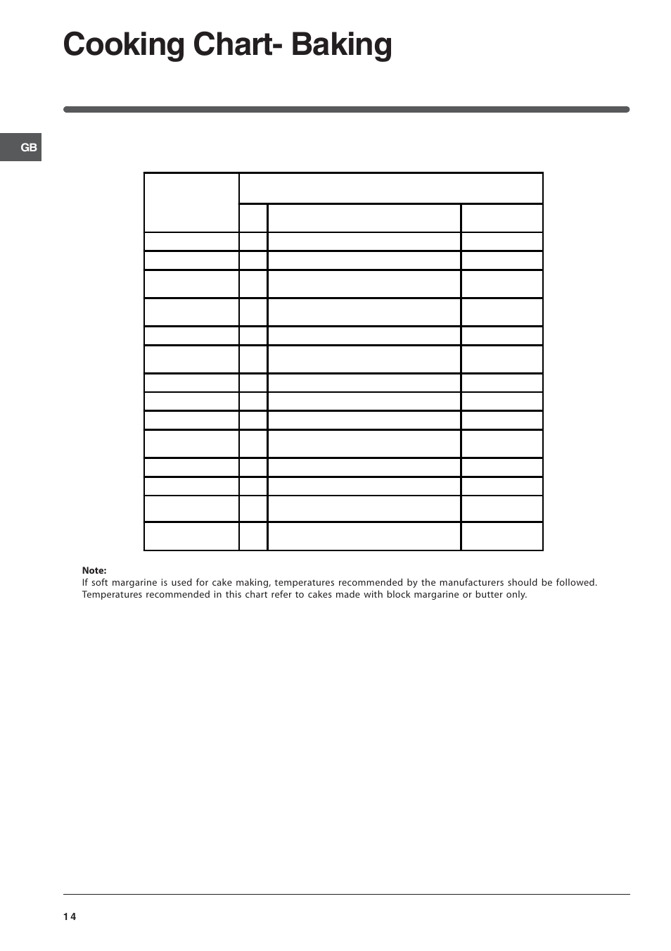 Cooking chart- baking, Conventional oven cooking | Indesit IT50CA User Manual | Page 14 / 24