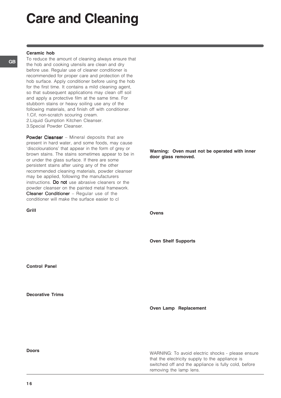 Care and cleaning | Indesit IT50CA User Manual | Page 16 / 24