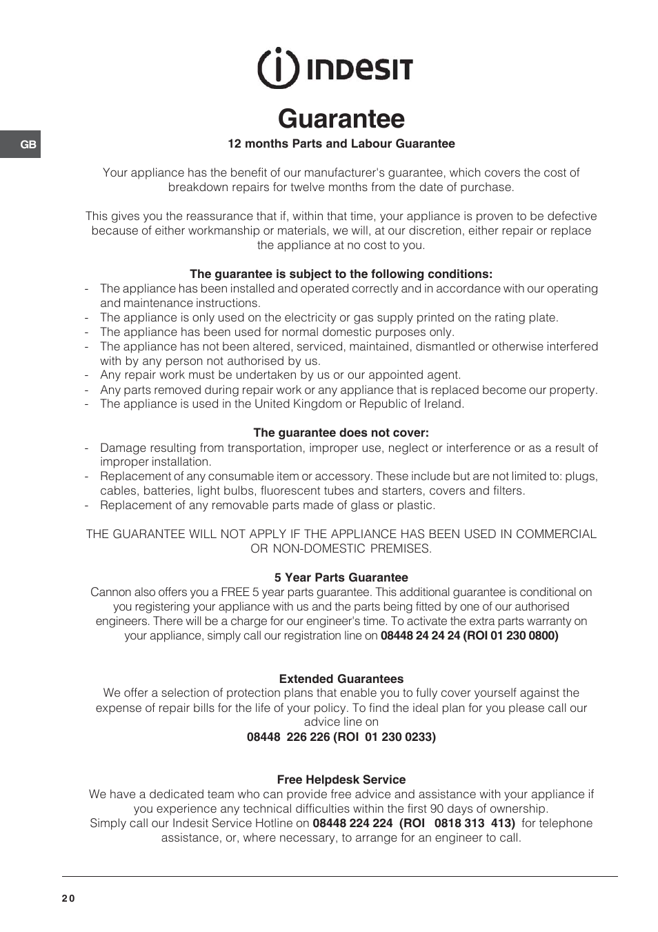 Guarantee | Indesit IT50CA User Manual | Page 20 / 24