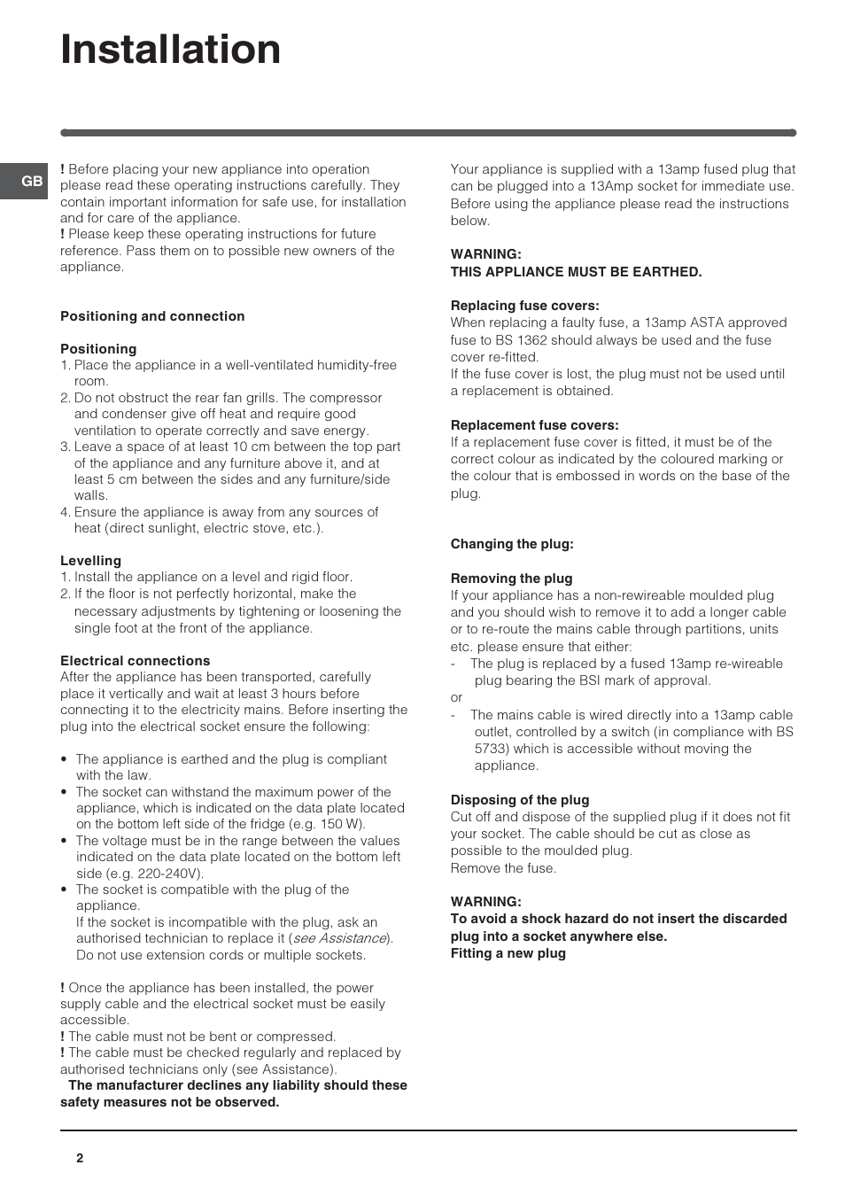 Installation | Indesit RA24SUK User Manual | Page 2 / 12