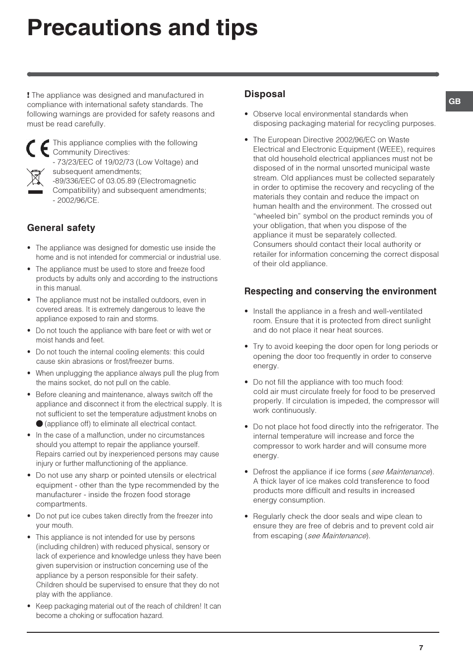 Precautions and tips, General safety, Disposal | Respecting and conserving the environment | Indesit RA24SUK User Manual | Page 7 / 12