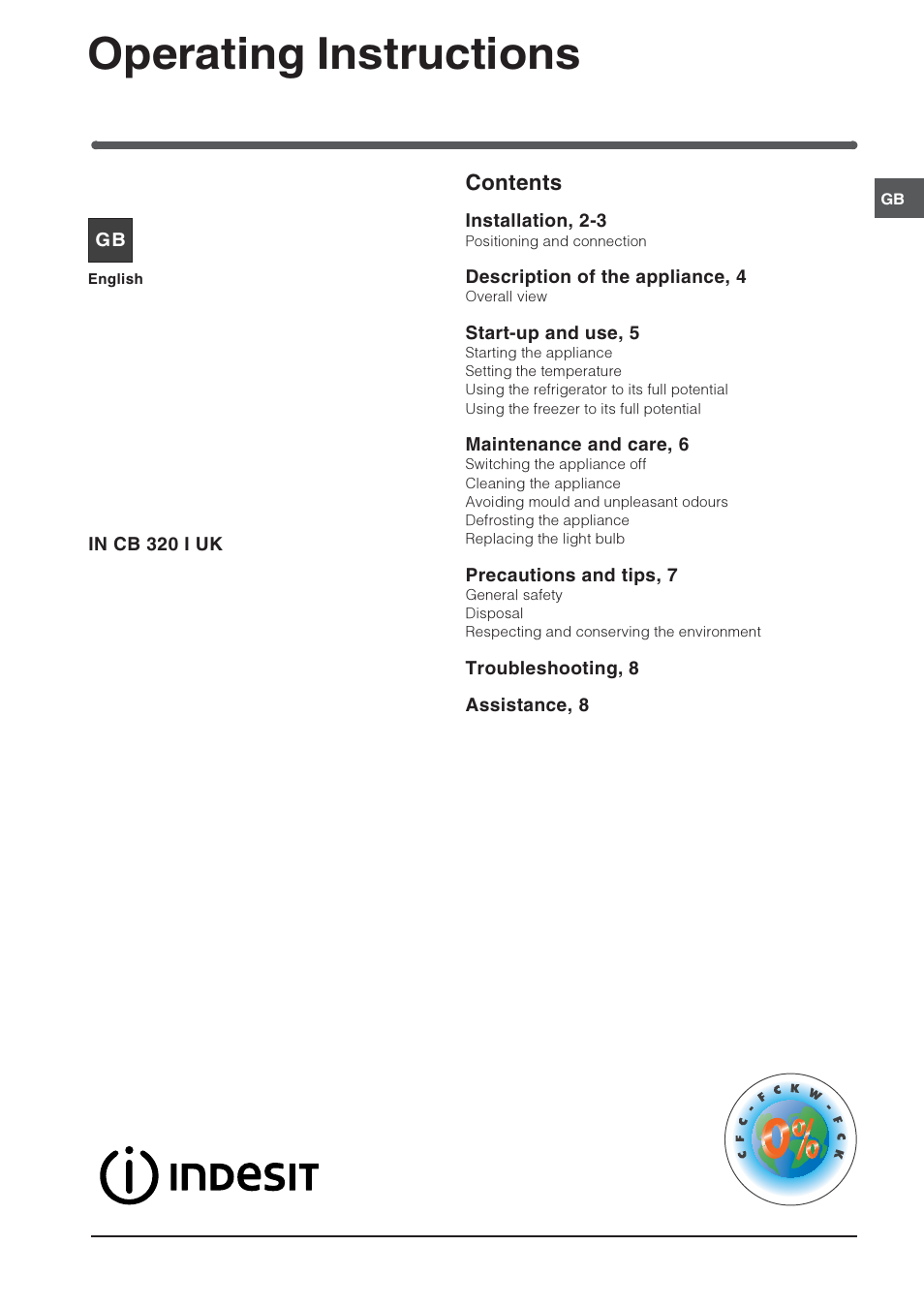 Indesit INCB320 I UK User Manual | 8 pages