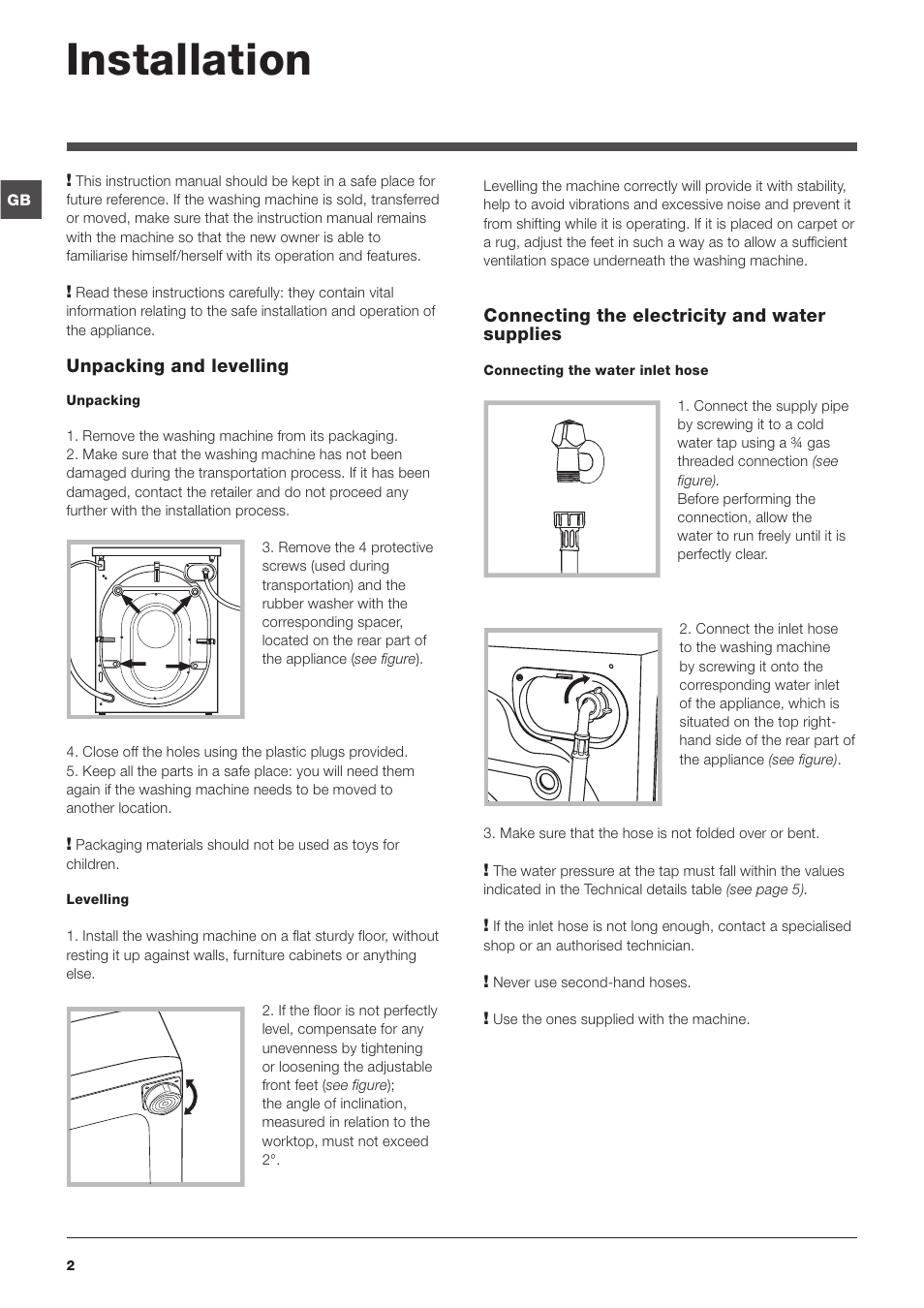 Installation | Indesit PWE71420W User Manual | Page 2 / 16