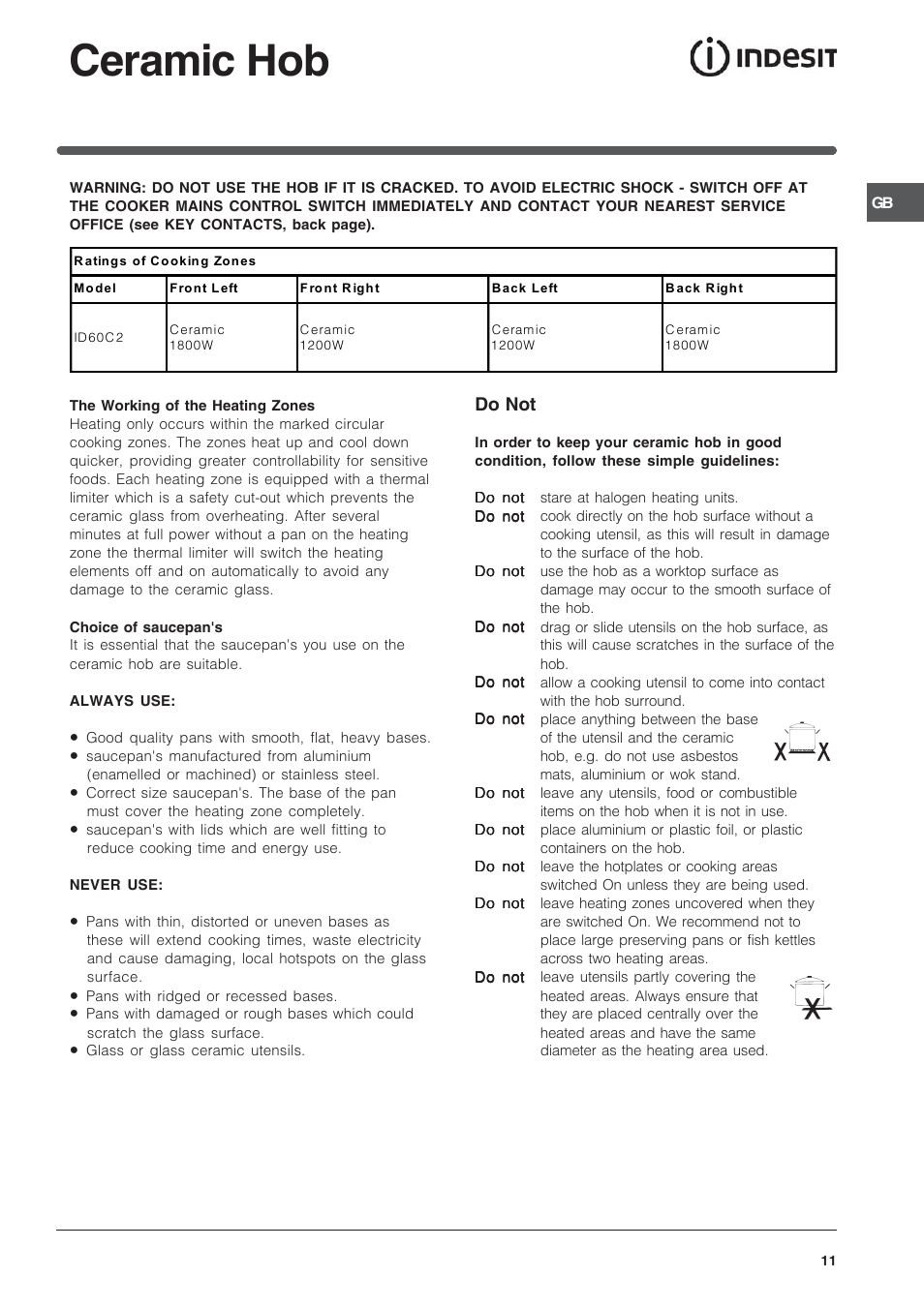 Ceramic hob, Do not | Indesit ID60C2WS User Manual | Page 11 / 28