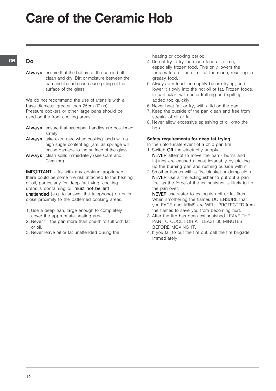 Care of the ceramic hob | Indesit ID60C2WS User Manual | Page 12 / 28