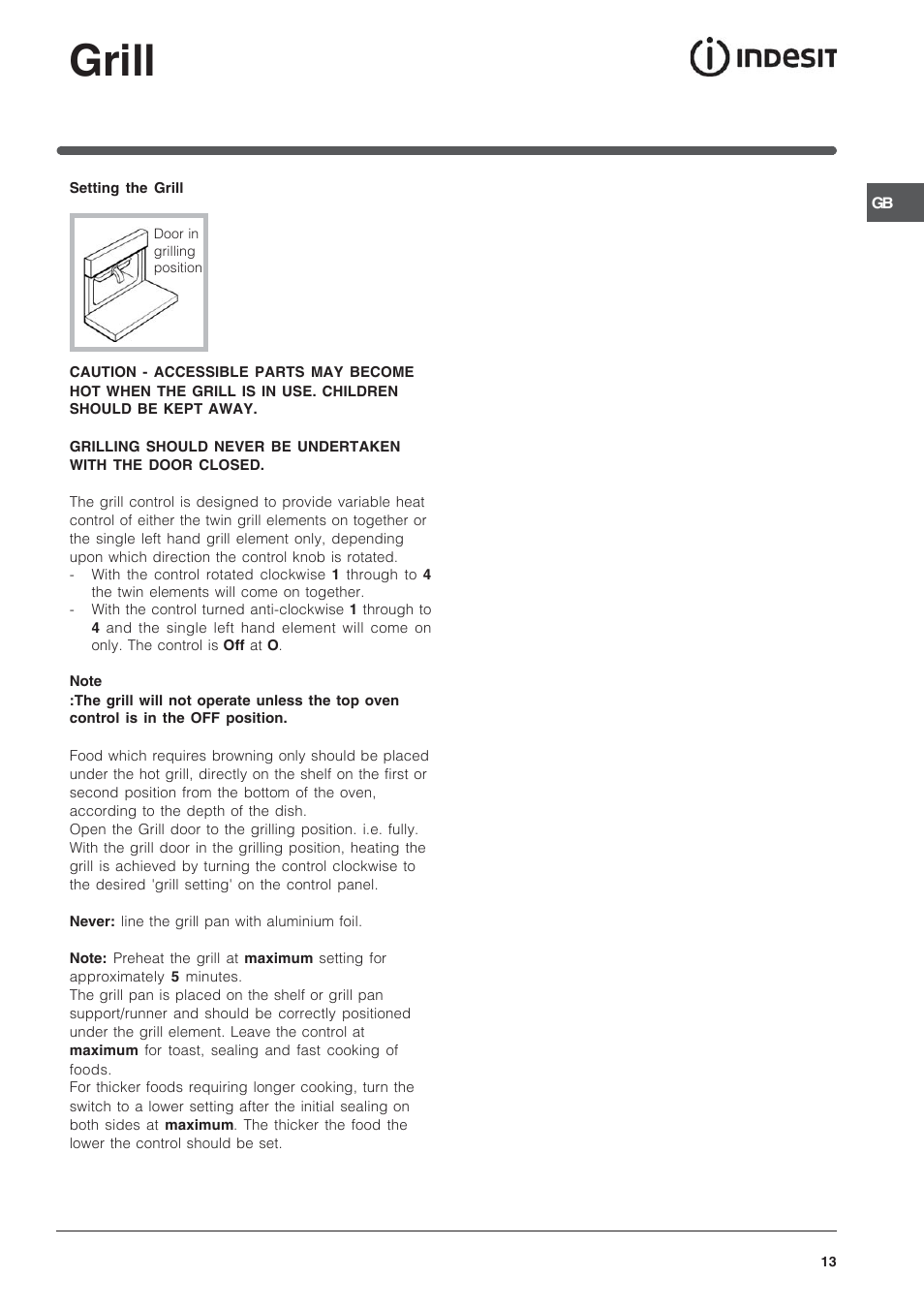 Grill | Indesit ID60C2WS User Manual | Page 13 / 28