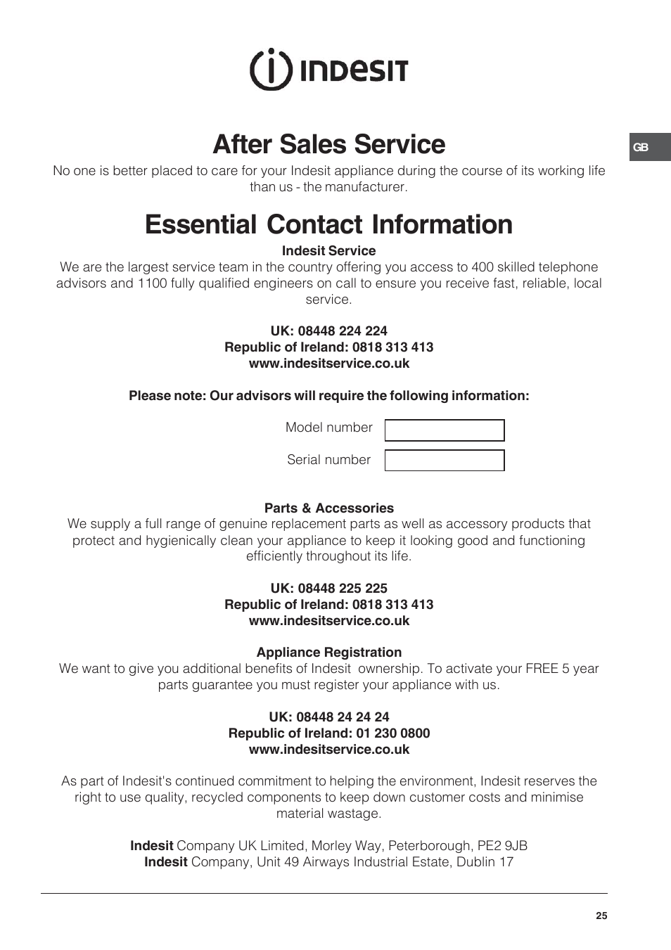 After sales service, Essential contact information | Indesit ID60C2WS User Manual | Page 25 / 28