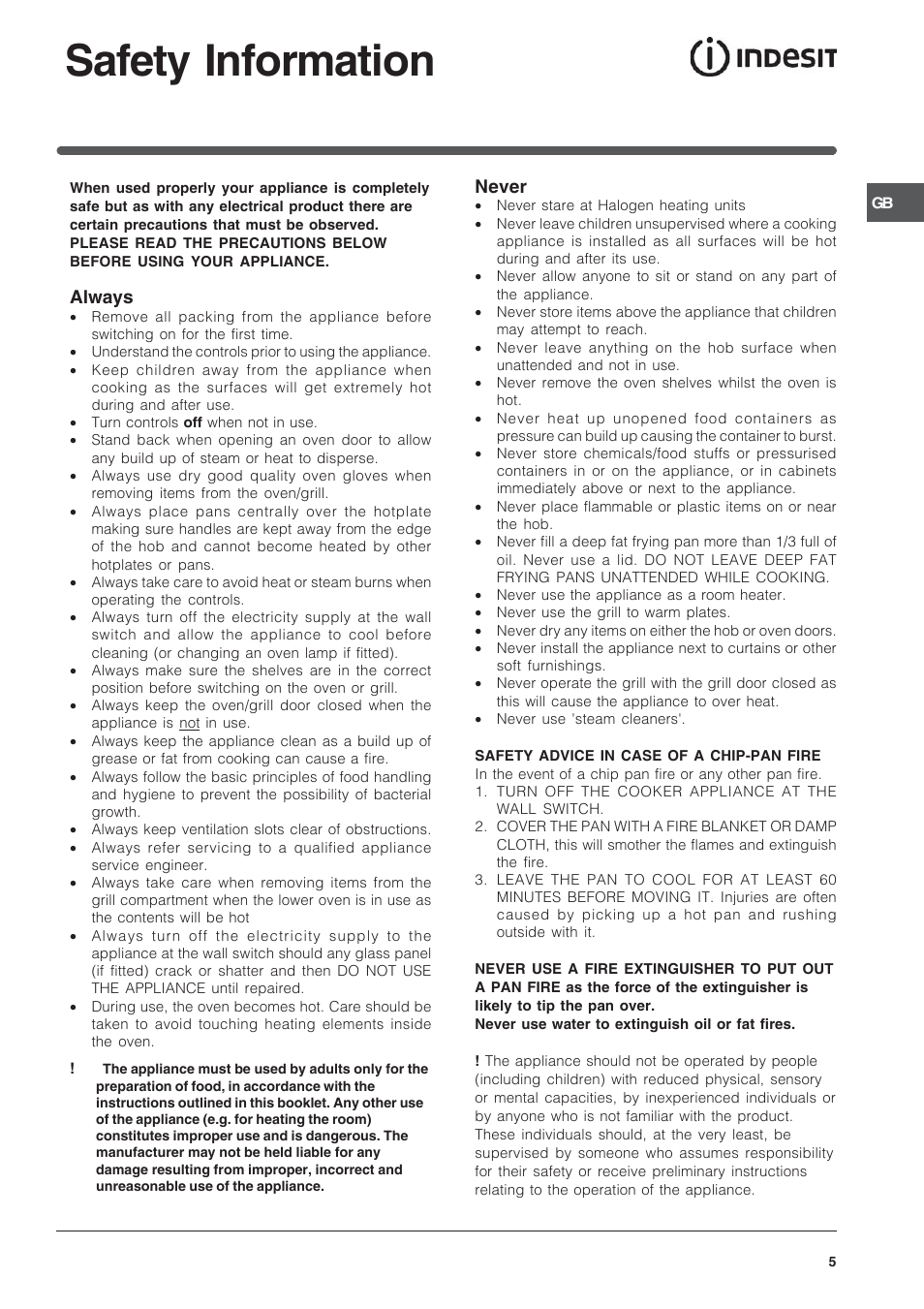 Safety information, Always, Never | Indesit ID60C2WS User Manual | Page 5 / 28