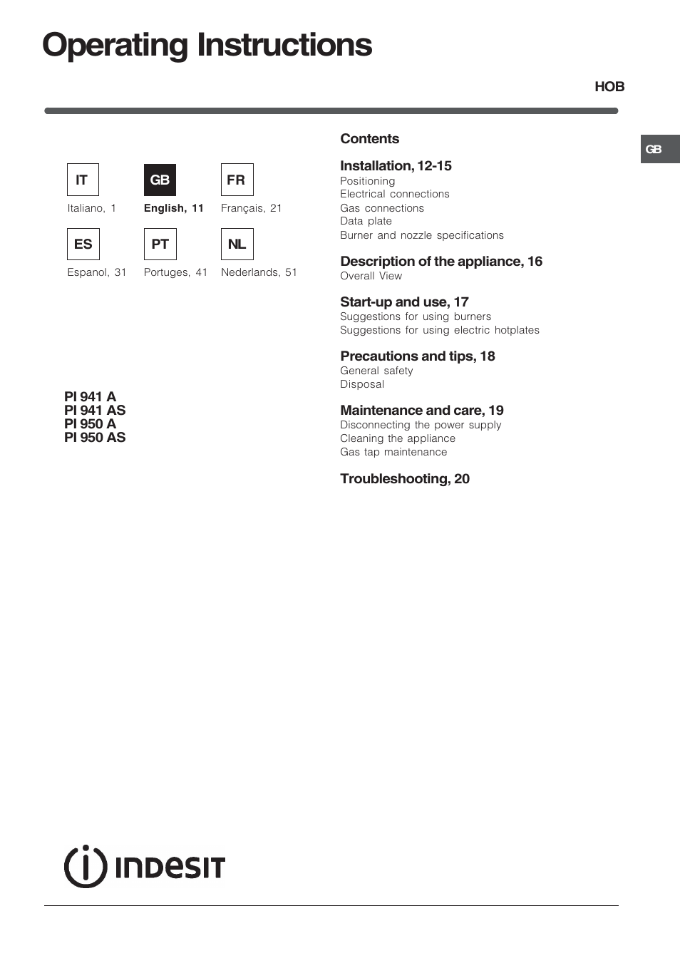 Operating instructions | Indesit PI950ASIX User Manual | Page 11 / 60