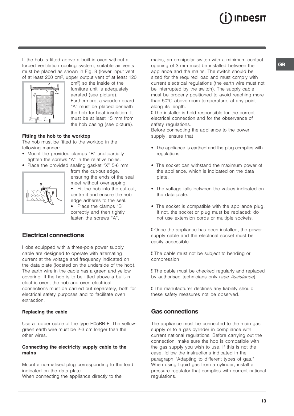 Electrical connections, Gas connections | Indesit PI950ASIX User Manual | Page 13 / 60