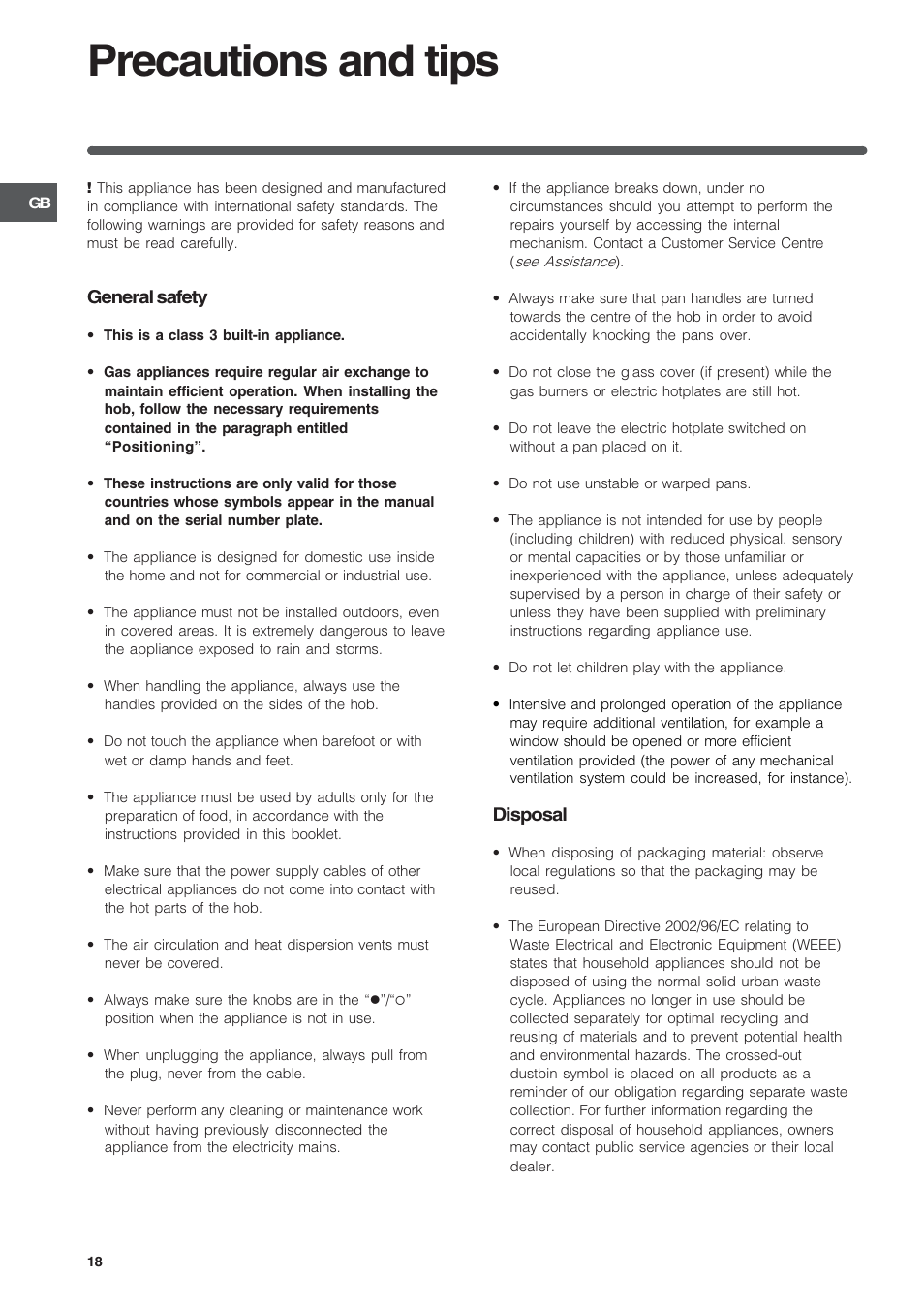 Precautions and tips, General safety, Disposal | Indesit PI950ASIX User Manual | Page 18 / 60