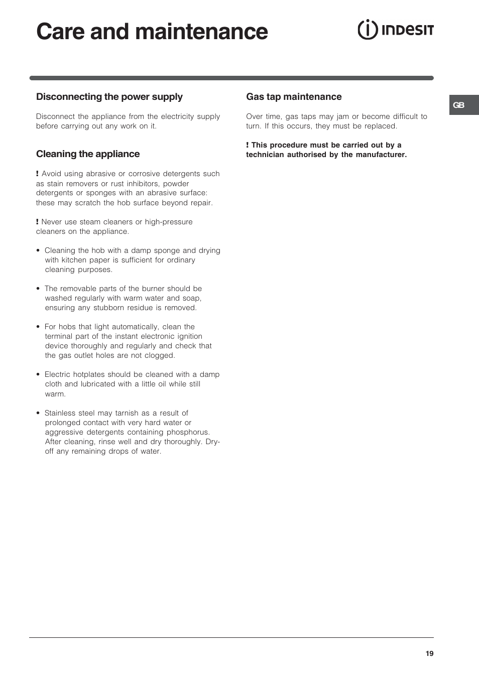 Care and maintenance | Indesit PI950ASIX User Manual | Page 19 / 60