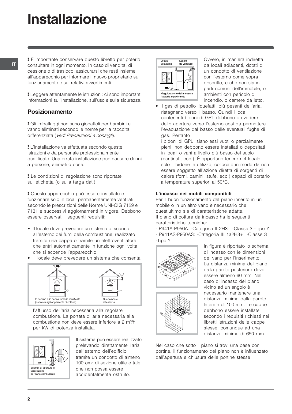 Installazione, Posizionamento | Indesit PI950ASIX User Manual | Page 2 / 60