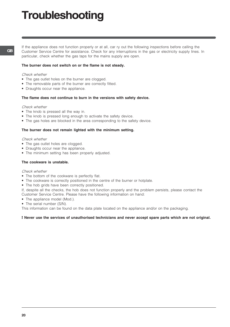 Troubleshooting | Indesit PI950ASIX User Manual | Page 20 / 60