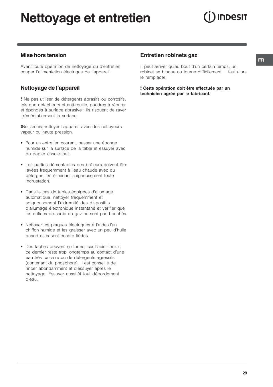 Nettoyage et entretien | Indesit PI950ASIX User Manual | Page 29 / 60