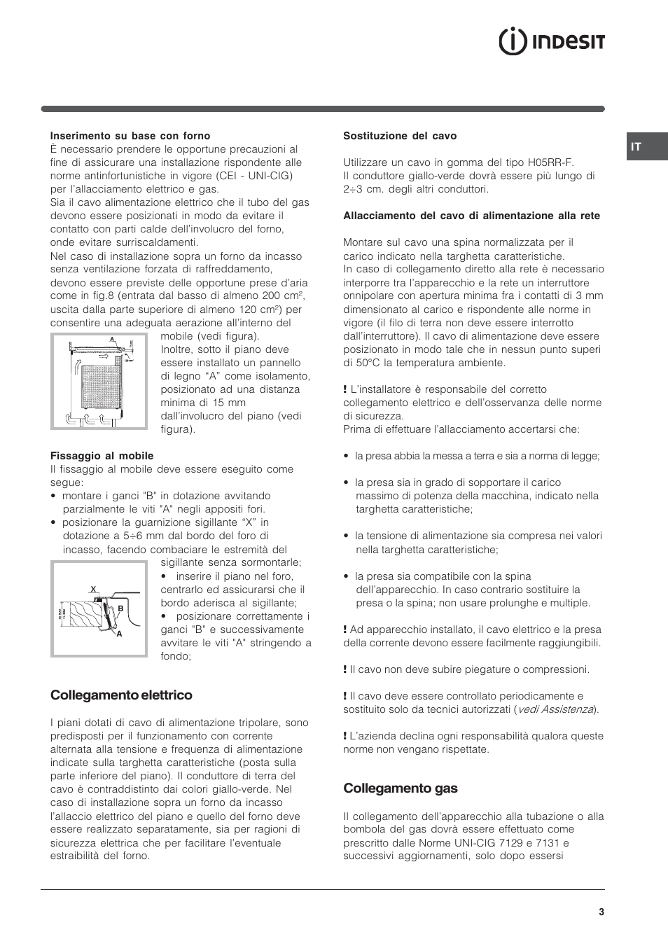 Collegamento elettrico, Collegamento gas | Indesit PI950ASIX User Manual | Page 3 / 60