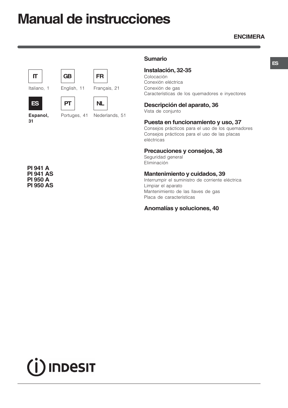 Manual de instrucciones | Indesit PI950ASIX User Manual | Page 31 / 60