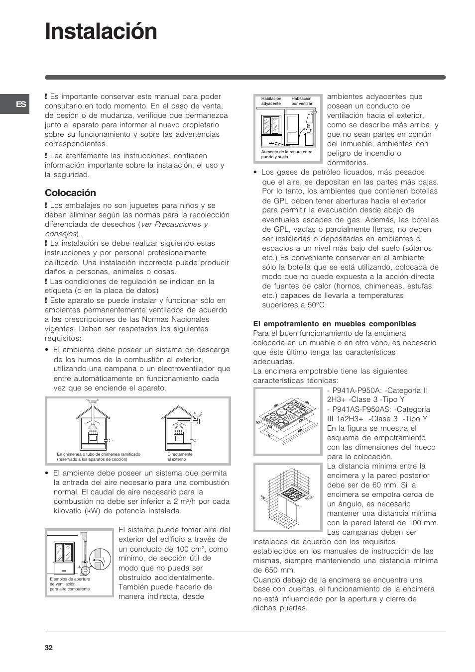 Instalación, Colocación | Indesit PI950ASIX User Manual | Page 32 / 60