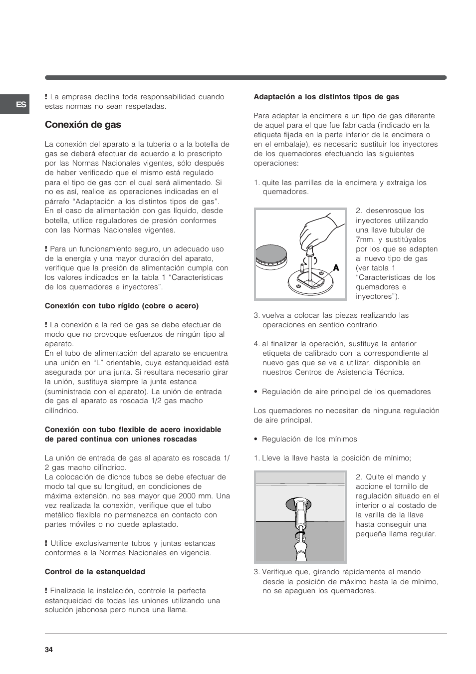 Conexión de gas | Indesit PI950ASIX User Manual | Page 34 / 60