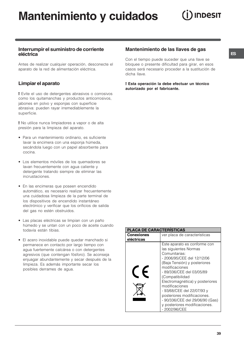 Mantenimiento y cuidados | Indesit PI950ASIX User Manual | Page 39 / 60