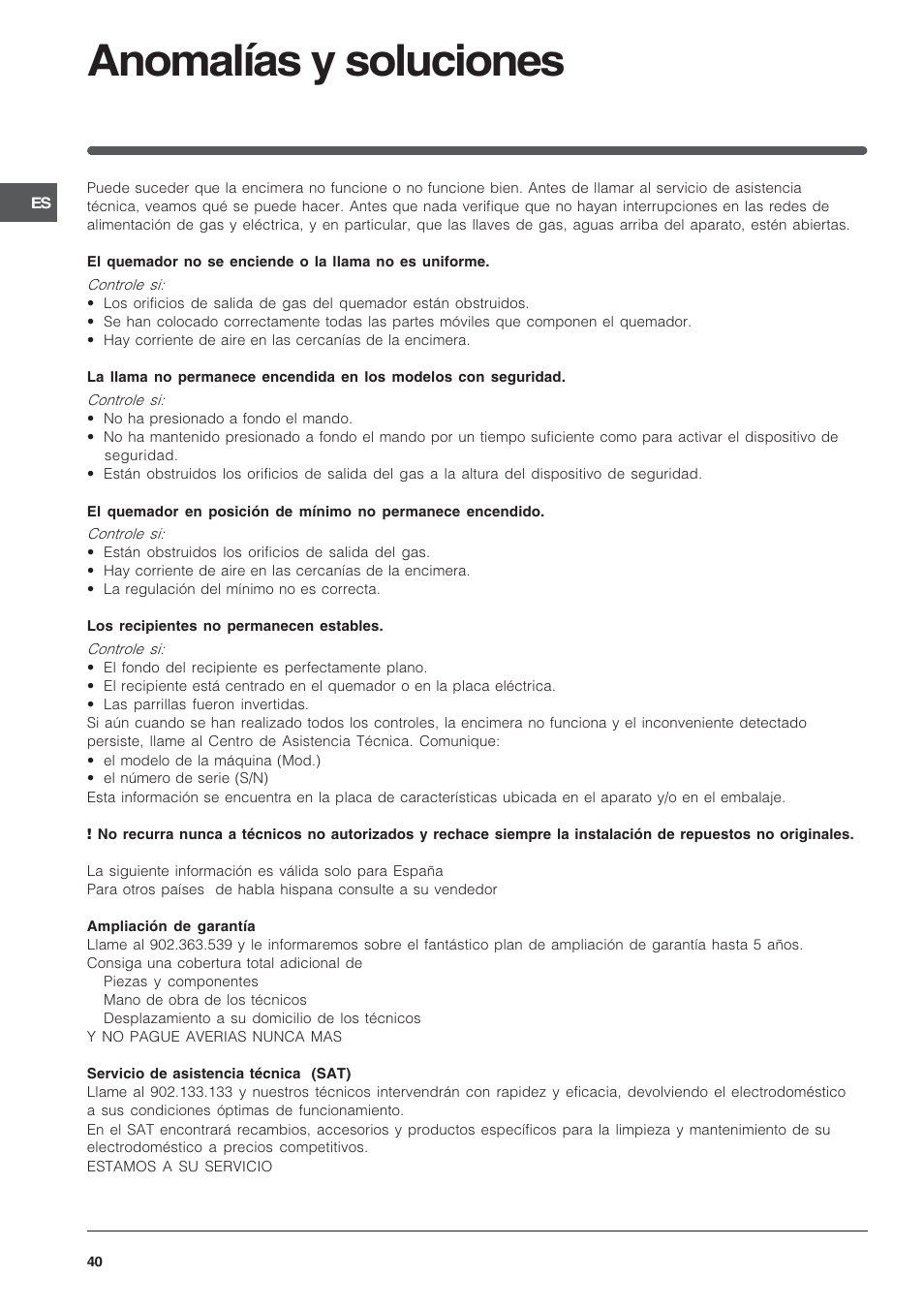 Anomalías y soluciones | Indesit PI950ASIX User Manual | Page 40 / 60