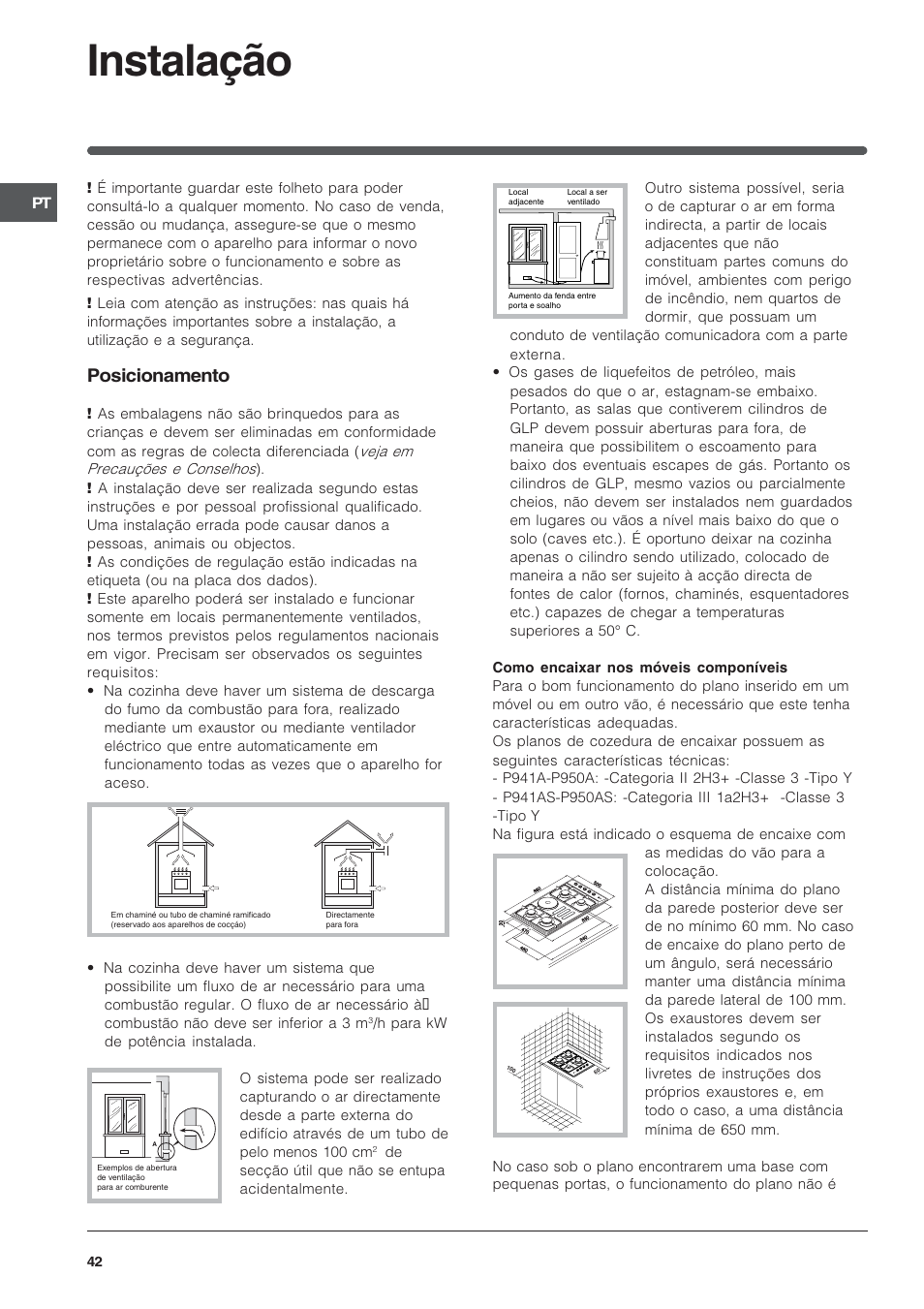 Instalação, Posicionamento | Indesit PI950ASIX User Manual | Page 42 / 60