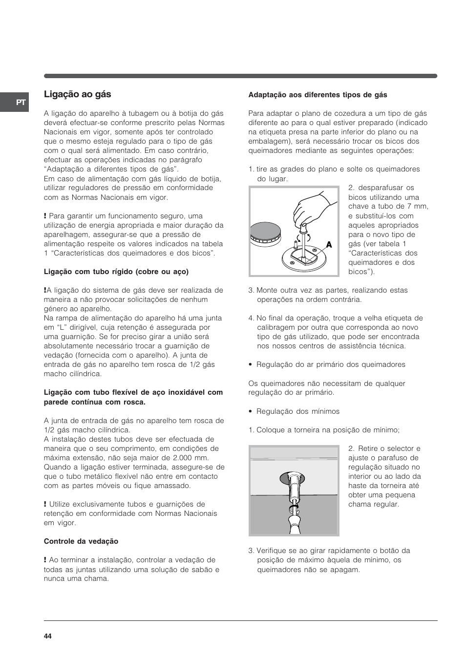 Ligação ao gás | Indesit PI950ASIX User Manual | Page 44 / 60