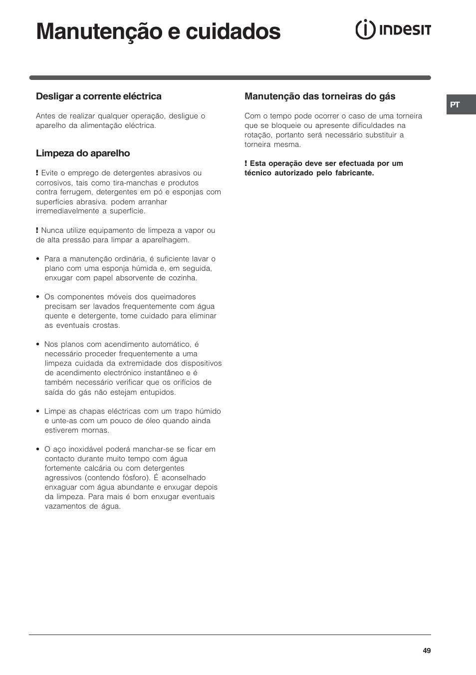 Manutenção e cuidados | Indesit PI950ASIX User Manual | Page 49 / 60