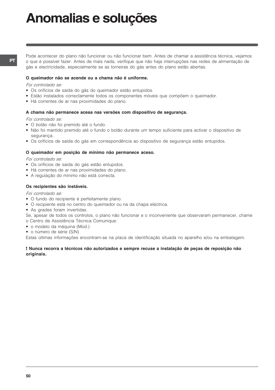 Anomalias e soluções | Indesit PI950ASIX User Manual | Page 50 / 60