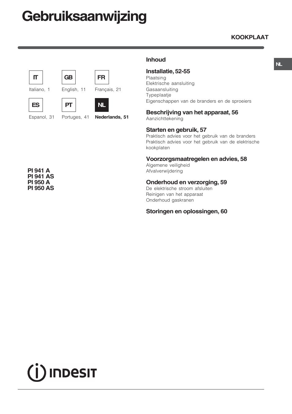 Gebruiksaanwijzing | Indesit PI950ASIX User Manual | Page 51 / 60